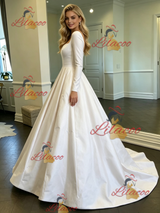 White Satin Long Sleeve Square Neck Wedding Dress
