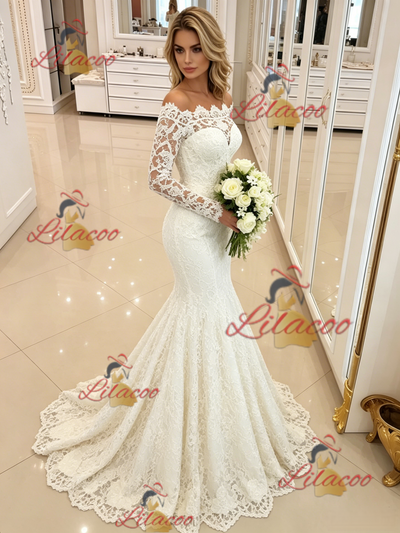 White Mermaid Long Sleeve Off the Shoulder Wedding Dress