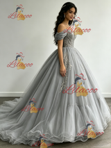 Gray Tulle Off the Shoulder Appliques Quinceanera Dress