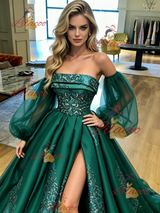 Green Satin Long Sleeve Prom Dress