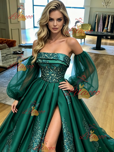 Green Satin Long Sleeve Prom Dress