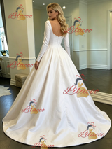 White Satin Long Sleeve Square Neck Wedding Dress