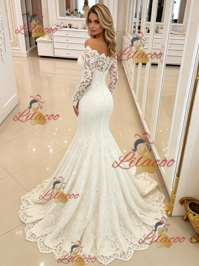 White Mermaid Long Sleeve Off the Shoulder Wedding Dress