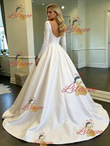 White Satin Long Sleeve Square Neck Wedding Dress