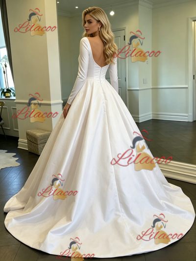 White Satin Long Sleeve Square Neck Wedding Dress
