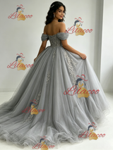Gray Tulle Off the Shoulder Appliques Quinceanera Dress
