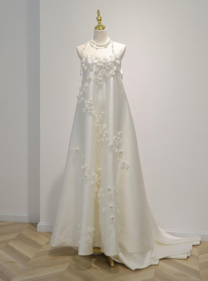 White Satin Loose Flower Wedding Dress