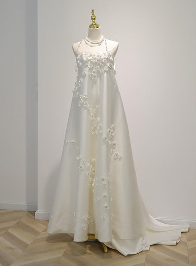 White Satin Loose Flower Wedding Dress