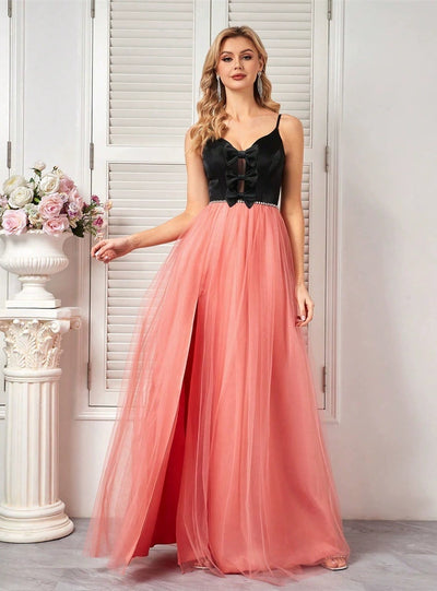Pink Tulle Black Bow Straps Prom Dress