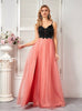 Pink Tulle Black Bow Straps Prom Dress