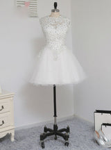 White Tulle Appliques Beading Homecoming Dress