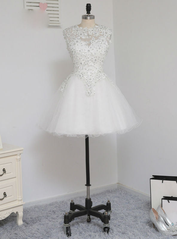 White Tulle Appliques Beading Homecoming Dress