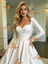 White Satin Long Sleeve Square Neck Wedding Dress