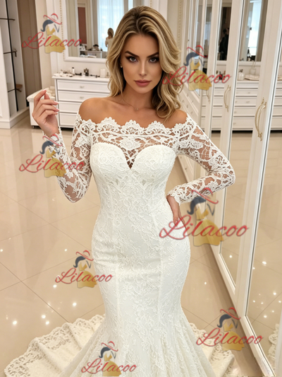 White Mermaid Long Sleeve Off the Shoulder Wedding Dress