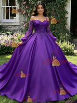 Purple Satin Long Sleeve Appliques Quinceanera Dress