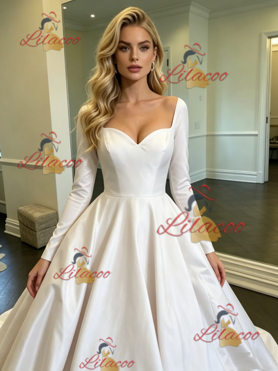 White Satin Long Sleeve Square Neck Wedding Dress