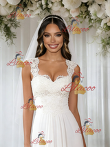 White Chiffon Lace Straps Wedidng Dress