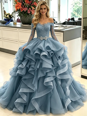 Blue Off the Shoulder Long Sleeve Prom Dress