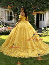 Yellow Tulle Off the Shoulder 3D Appliques Quinceanera Dress