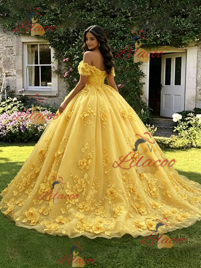 Yellow Tulle Off the Shoulder 3D Appliques Quinceanera Dress