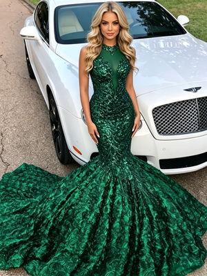 Green Mermaid Sequins Halter Prom Dress