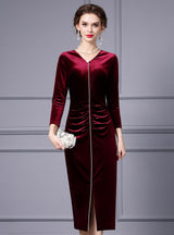 Burgundy Velvet Long Sleeve Mother Of The Bride Dress