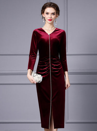Burgundy Velvet Long Sleeve Mother Of The Bride Dress