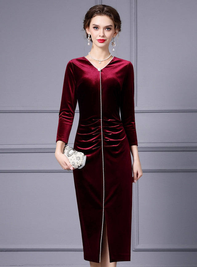 Burgundy Velvet Long Sleeve Mother Of The Bride Dress