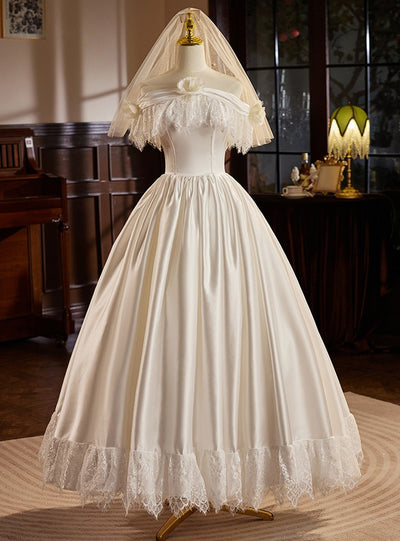 White Satin Lace Flower Wedding Dress