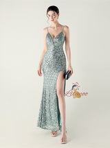 Spaghetti Straps Sequins Split Prom Dress