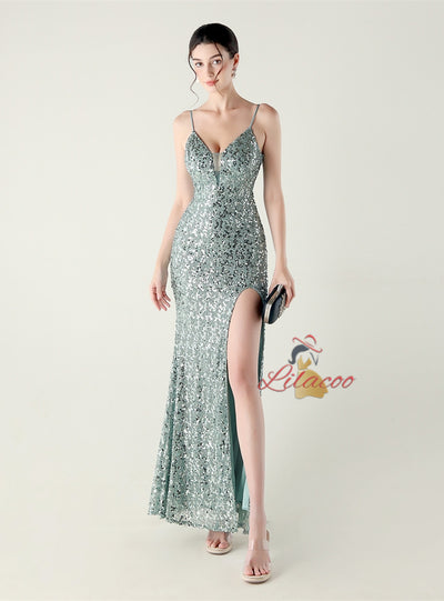 Spaghetti Straps Sequins Split Prom Dress