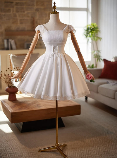 White Satin Lace Straps Pleats Homecoming Dress