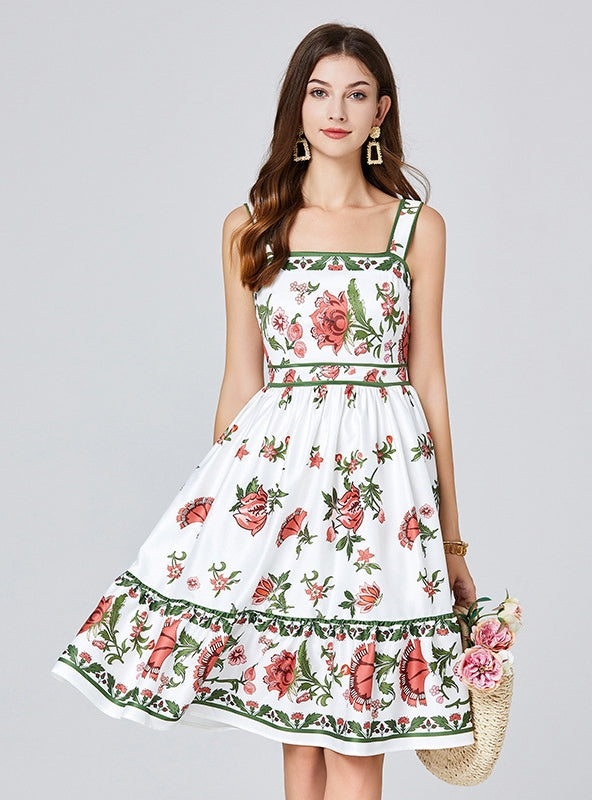 Retro Suspender Floral Print Dress