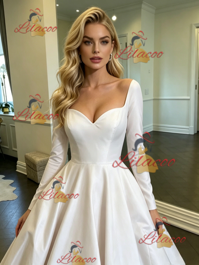 White Satin Long Sleeve Square Neck Wedding Dress