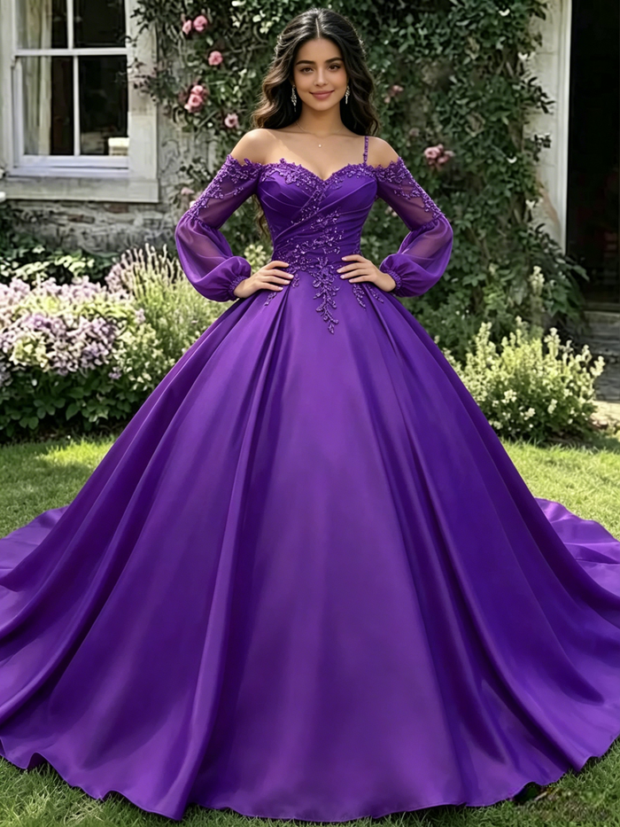 Purple Satin Long Sleeve Appliques Quinceanera Dress