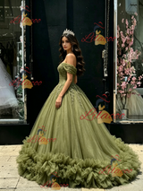 Green Tulle Off the Shoulder Appliques Quinceanera Dress