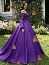 Purple Satin Long Sleeve Appliques Quinceanera Dress