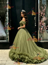 Green Tulle Off the Shoulder Appliques Quinceanera Dress