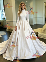 White Satin High Neck Long Sleeve Wedding Dress