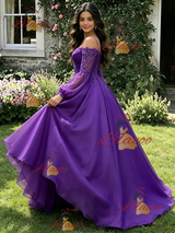 Purple Satin Long Sleeve Appliques Quinceanera Dress