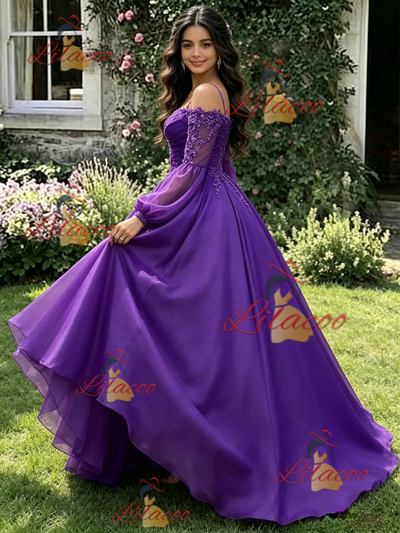 Purple Satin Long Sleeve Appliques Quinceanera Dress