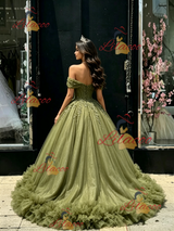 Green Tulle Off the Shoulder Appliques Quinceanera Dress