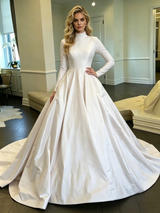 White Satin High Neck Long Sleeve Wedding Dress