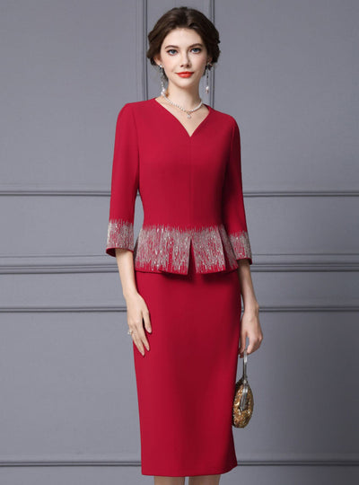 Red V-neck Short Sleeve Mother Of The Bride Dress
