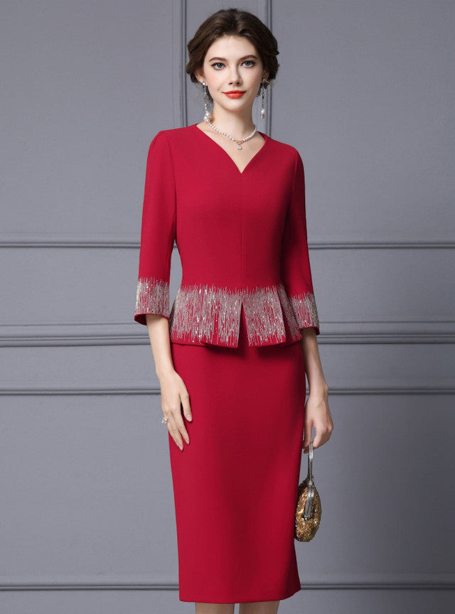Red V-neck Short Sleeve Mother Of The Bride Dress