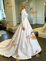 White Satin High Neck Long Sleeve Wedding Dress