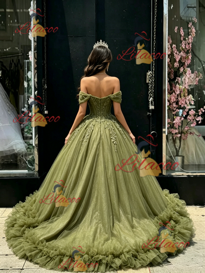Green Tulle Off the Shoulder Appliques Quinceanera Dress