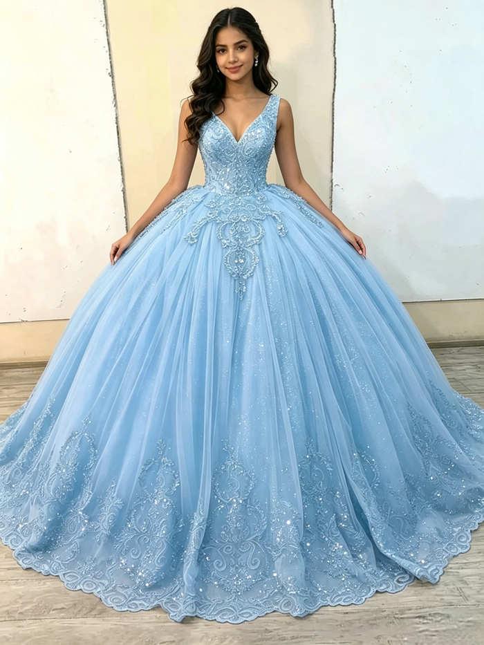 Blue Tulle V-neck Appliques Quinceanera Dress