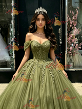 Green Tulle Off the Shoulder Appliques Quinceanera Dress