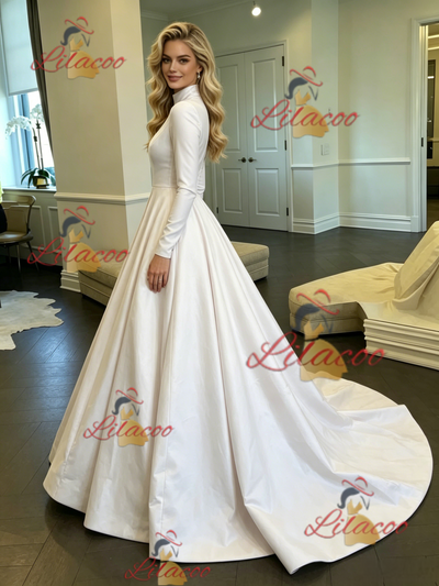 White Satin High Neck Long Sleeve Wedding Dress